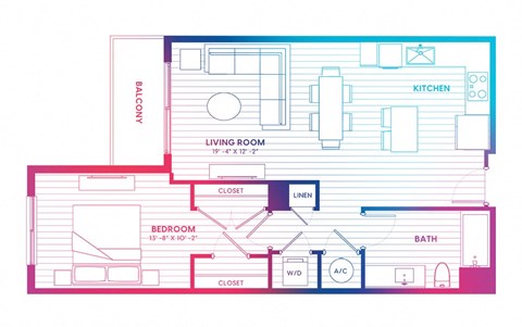 Floor plan for 1 bed, 1 bath, 760 sqft